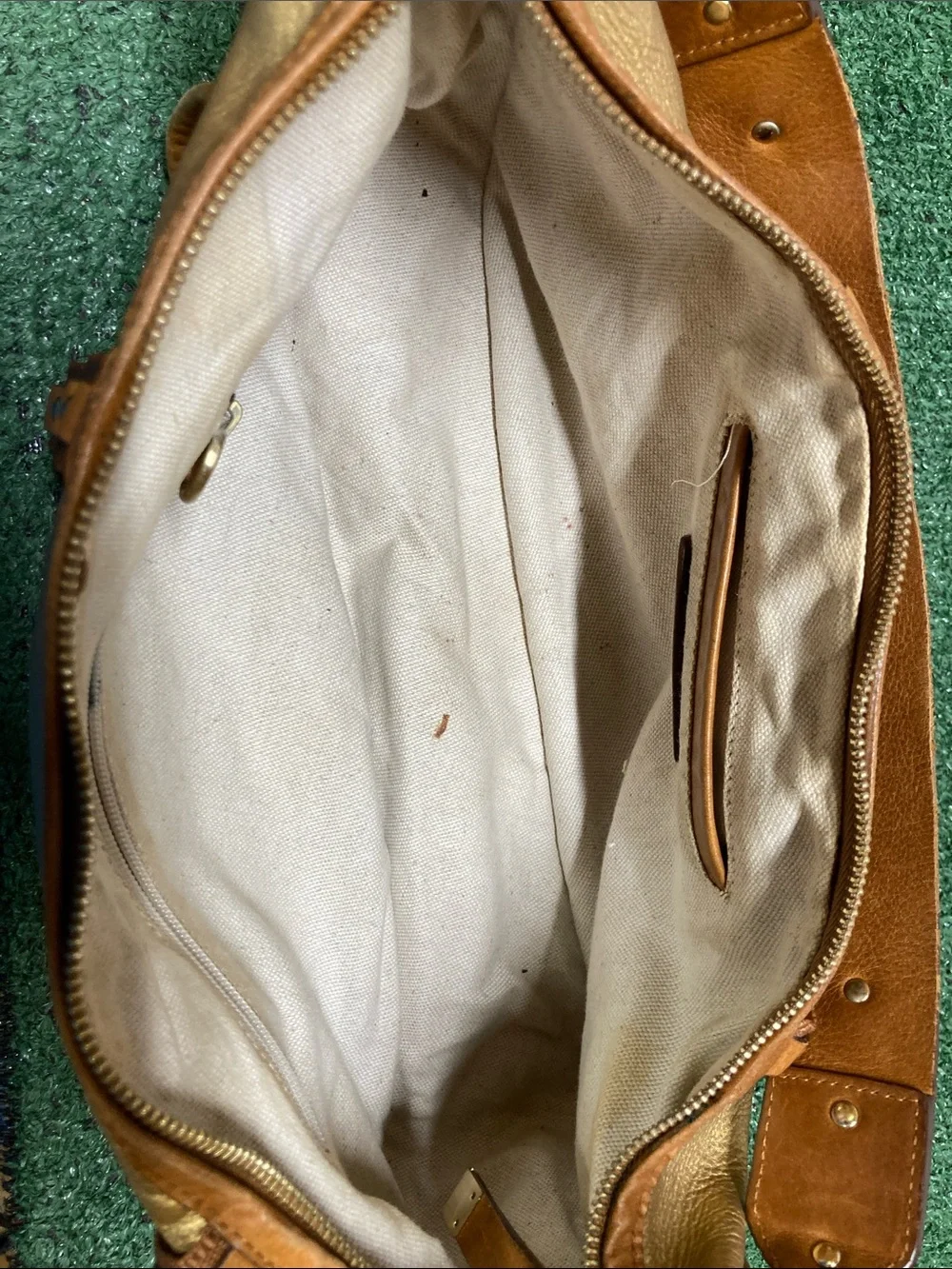 Vintage Michael Kors Metallic Gold Shoulder Bag with Brown Trim (OKPM-09-032)
